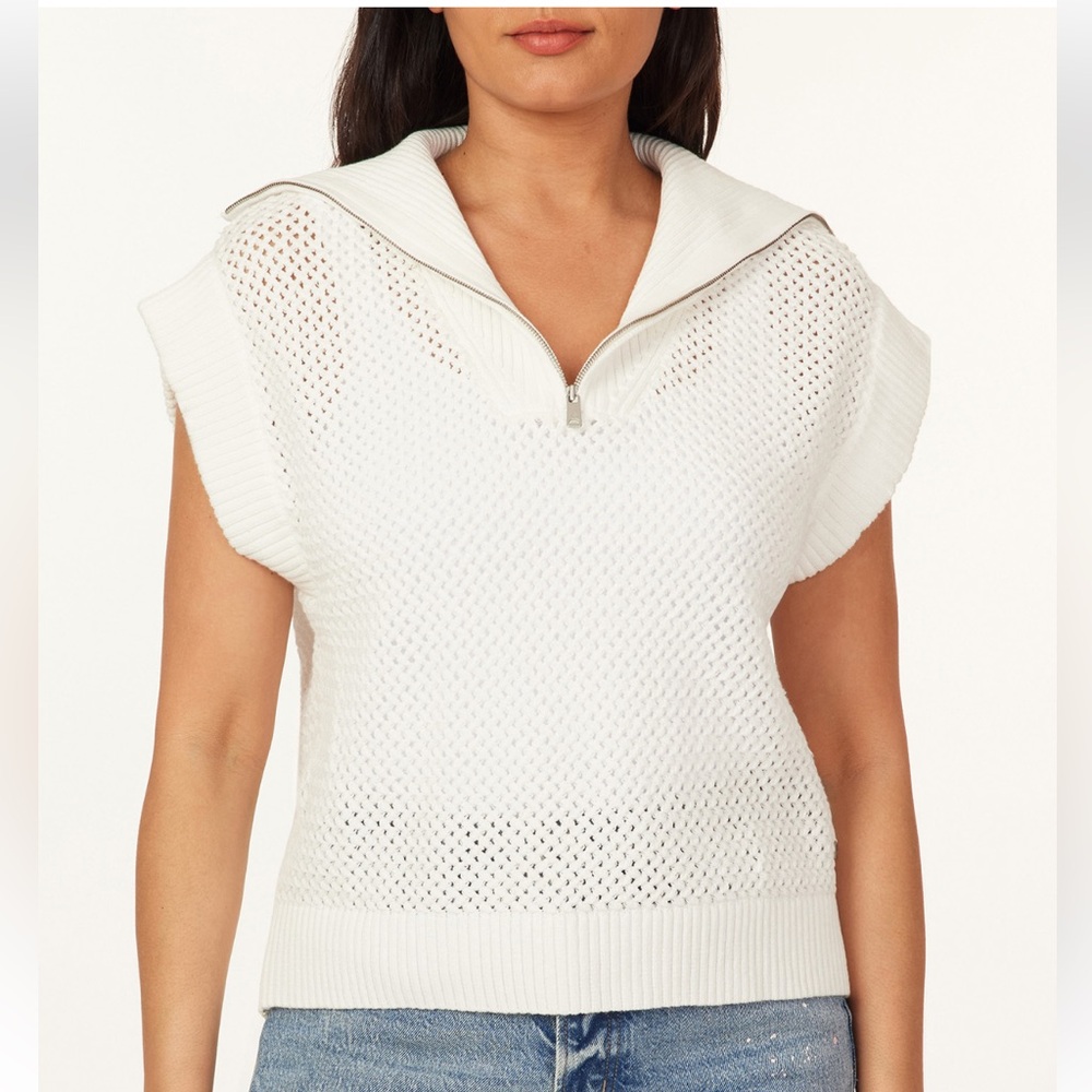 Scotch & Soda Women White Crochet Knit 1/4 Zip Cap Sleeve Sweater Sugar Sizzle L - Picture 4 of 16